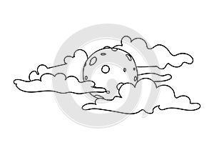 Doodle Full moon among the clouds. Night sky hand drawn in line art style. Vector illustration isolated on white. For