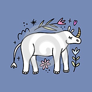 Doodle funky vector white rhino art on color background, cartoon clipart. Rare African adorable kind animal. Friendly