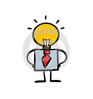 Doodle funny person with a human body and a head glowing with a light bulb. Vector illustration of a brilliant