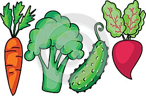 Doodle Garden vegetable set with carrot broccoli cucumber beet. Made in cartoon flat style. Vector