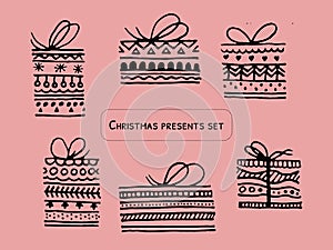 Doodle gift box icon set isolated on pink background.