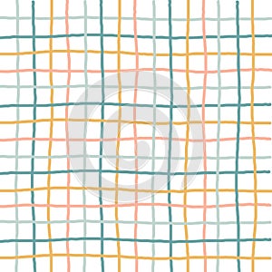 Doodle Gingham Check Plaid Vector Pattern. Vertical and horizontal hand drawn crossing colored stripes. Chequered