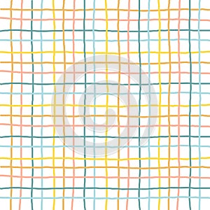 Doodle Gingham Check Plaid Vector Pattern. Vertical and horizontal hand drawn crossing colored stripes. Chequered