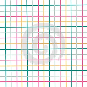 Doodle Gingham Check Plaid Vector Pattern. Vertical and horizontal hand drawn crossing colored stripes. Chequered