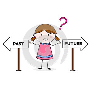 Doodle Girl Confused choose Past or Future Illustration Cartoon Vector