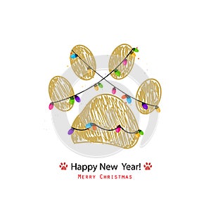 Doodle gold paw print with colorful light bulb. Happy new year and merry Christmas greeting card