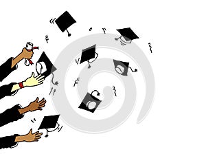 doodle Graduation ceremony concept. hands throwing graduation caps in the air, Hands clapping. applause gestures