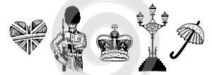 Doodle Great English London symbols - english crown, guard, umbrella