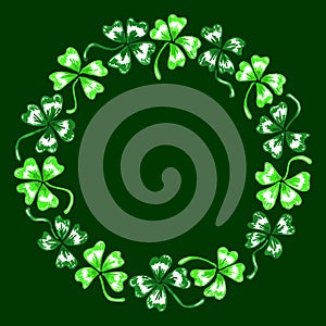 Doodle green clover shamrock circle wreath vector line art isolated