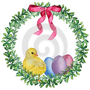 Doodle green foliage round frame with a pink bow, chick, colored eggs. Hand-drawn watercolor illustration isolated on