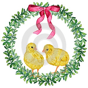 Doodle green foliage round frame with a pink bow and chick. Hand-drawn watercolor illustration isolated on white