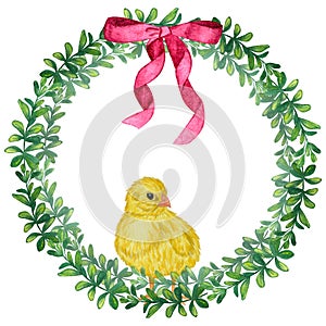 Doodle green foliage round frame with a pink bow and chick. Hand-drawn watercolor illustration isolated on white