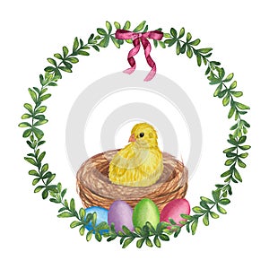 Green round frame with a pink bow, chick in the nest, colored eggs. Hand-drawn watercolor illustration isolated on white