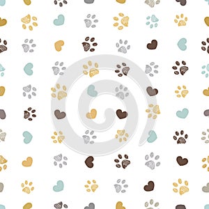 Doodle grey, yellow, turquoise small paw prints with hearts seamless fabric design pattern vector