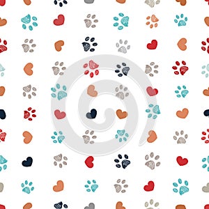 Doodle grey, yellow, turquoise small paw prints with hearts seamless fabric design pattern vector