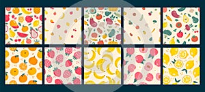 Doodle grocery patterns. Local food vegetables, sweet fruits and berries seamless vector background illustration set