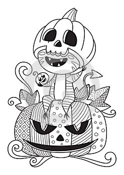 Doodle halloween coloring book page cute monster and pumpkin. Antistress for adults and children. Vector black and white