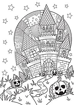 Doodle Halloween coloring book page spooky castle and halloween pumpkins on the full moon. Antistress for adults and children in
