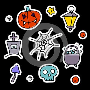 Doodle Halloween sticker set. Hand drawn symbol