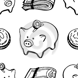 Doodle hand draw pig money bank holding seamless pattern background