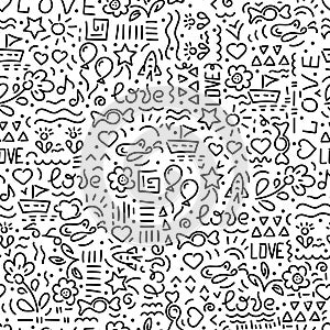 Doodle hand drawing seamless background. Love words, hearts, flowers, abstract elements on white background. Vector illustration