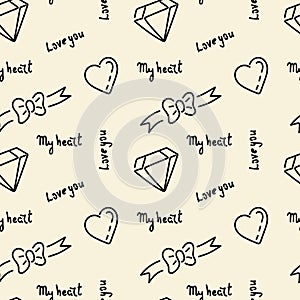 Doodle hand drawing seamless pattern. Words, phrases about love, hearts ribbons, bows, diamonds . Vector illustration