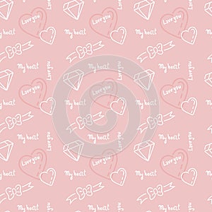 Doodle hand drawing seamless pattern. Words, phrases about love, hearts ribbons, bows, diamonds . White drawing on a delicate pink