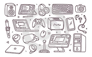 Doodle hand drawing set of gadgets. Electronics concept for coloring book. Vector illustration isolated on white