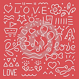 Doodle hand drawing vector illustration. Words of love, hearts, flowers, stars, balloons, design elements on a white background