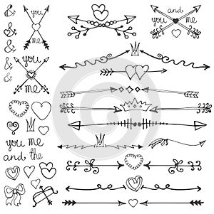 Doodle hand drawn arrows,hearts,deviders,borders