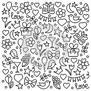 Doodle hand drawn background. Love words, hearts, flowers, abstract elements. Monochrome Vector illustration