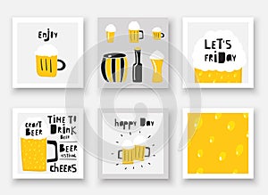 Doodle hand drawn beer collection. Alcohol drink in mug, barrel, bottle