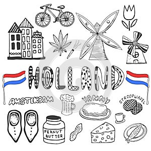 Doodle hand drawn collection of Holland icons. Netherlands culture elements for design. Vector illustration with travel objects.