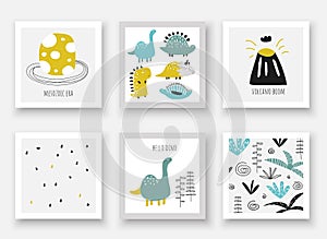 Doodle hand drawn dinosaurs collection. Card, postcards, wall pictures with Jurassic period egg, volcano, plants