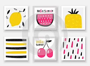 Doodle hand drawn fruits collection. Summer cards, tags, frames with watermelon, cherry, pineapple, lemon
