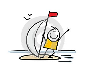 Doodle hand drawn happy young stickman surfing in the ocean on a board with sail. Vector illustration of summer and