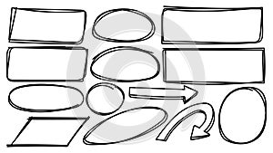 Doodle Hand Drawn Line Shapes Collection with Rectangle, Circle, Ellipse, and Arrow Elements.Vector illustration