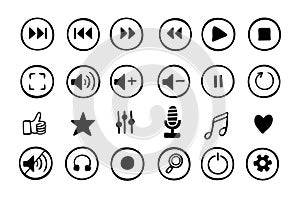 Doodle hand drawn music icons set. Sketch style buttons. Media player elements.