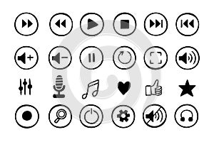 Doodle hand drawn music icons set. Sketch style buttons. Media player elements.