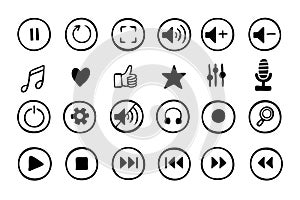 Doodle hand drawn music icons set. Sketch style buttons. Media player elements.