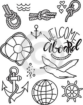 Doodle hand drawn nautical decor set. Graphic design elements. Vector illustration