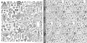 Doodle hand drawn plants set and seamless pattern