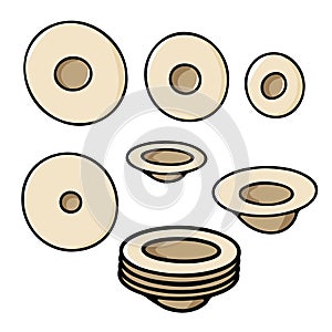 Doodle hand drawn plates set. Stack of plates