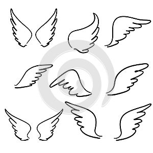 Doodle hand drawn Sketch angel wings. Angel feather wing, bird tattoo silhouette. Linear fly winged angels, flying heaven cartoon