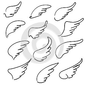 Doodle hand drawn Sketch angel wings. Angel feather wing, bird tattoo silhouette. Linear fly winged angels, flying heaven cartoon