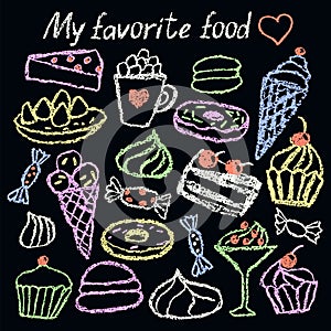 Doodle hand drawn sweet food set. Crayon, pencil or pastel chalk like kid`s style dessert cake, donut