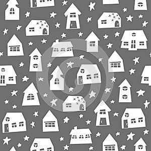 Doodle hand drawn town with plants seamless pattern