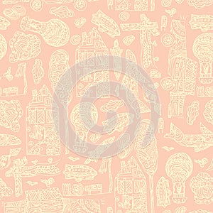 Doodle hand drawn town seamless pattern. Pastel abstract wallpaper. Vector illustration for your cute design.