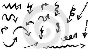 Doodle hand drawn vector arrows set. Thin strokes
