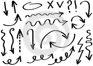 Doodle hand drawn vector arrows set. Thin strokes